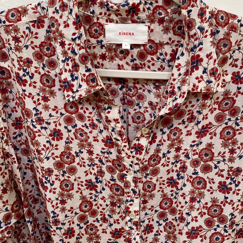 XIRENA Beau cotton-silk blend floral retro cottage sheer button-up shirt L